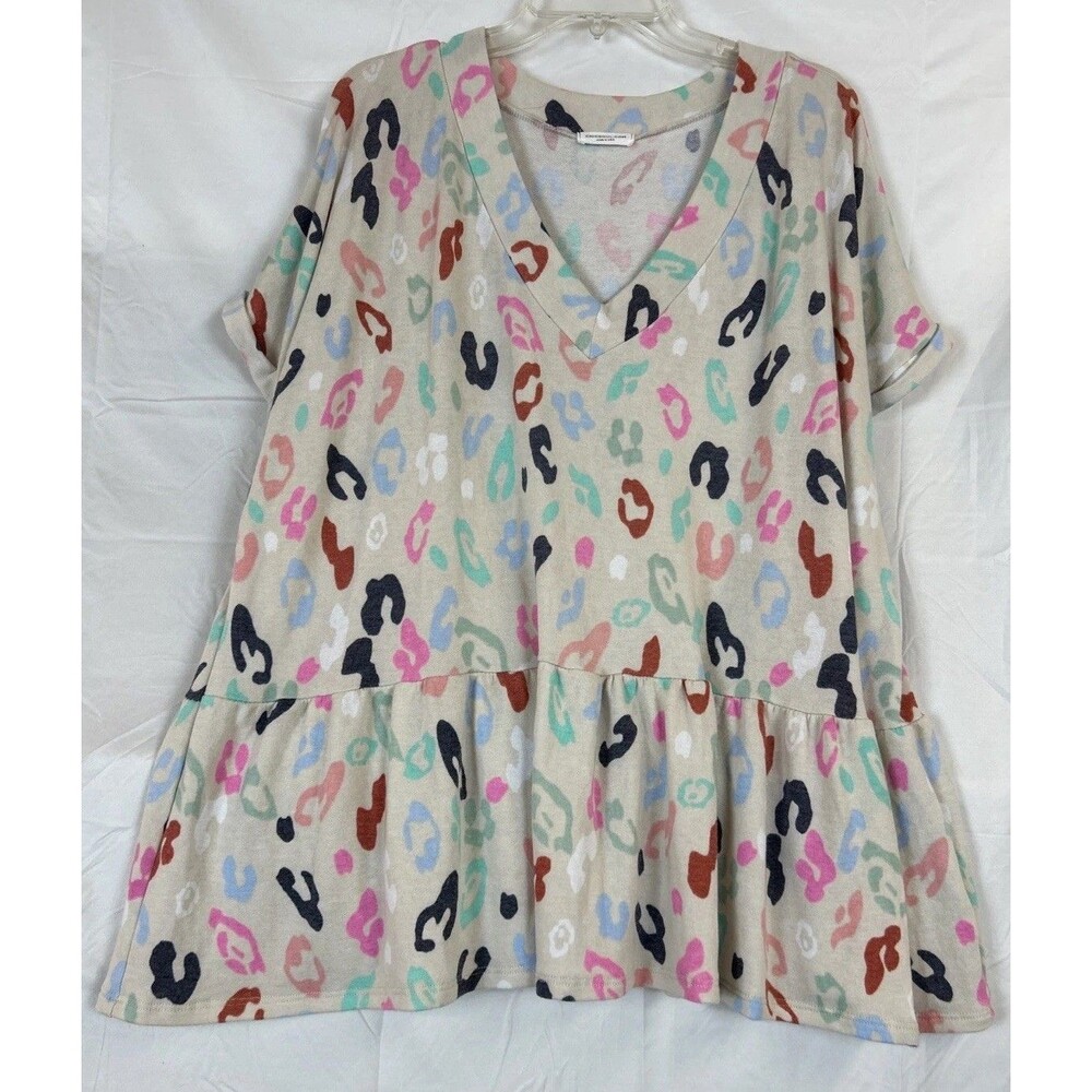 Chic Soul Womens 1X Floral Babydoll Top V-Neck Flutter Sleeve Cream Multi USA